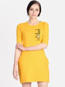 Free Authority Women Yellow Garfield Printed Cotton T-shirt Dress