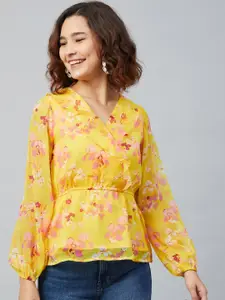 Rare Women Yellow Floral Printed Puff Sleeves Chiffon Cinched Waist Top