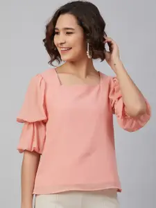 Marie Claire Women Peach-Coloured Puff Sleeves Georgette Regular Top