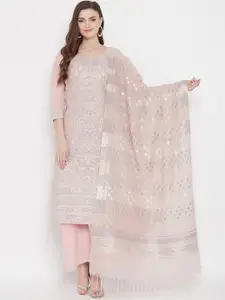 Safaa Peach-Coloured & Silver-Toned Cotton Blend Woven Design Unstitched Dress Material For Summer