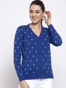 Kalt Women Blue Printed Cardigan Sweater