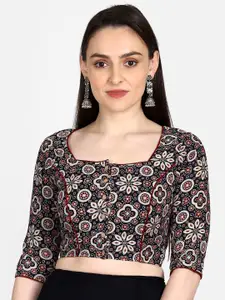 THE WEAVE TRAVELLER Women Black & Beige Ajrakh Hand Block Printed Sustainable Saree Blouse