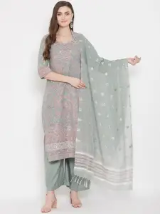 Safaa Olive Green & Peach-Coloured Woven Design Unstitched Dress Material