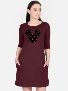 Free Authority Mickey & Friends Women Maroon Printed T-shirt Dress