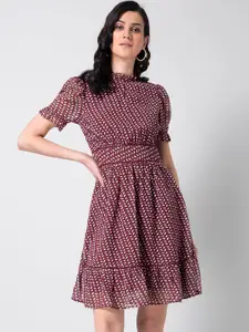 FabAlley Women Maroon & White Printed Fit and Flare Dress