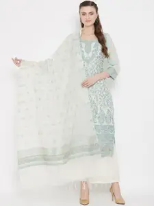 Safaa White & Sea Green Cotton Blend Woven Design Unstitched Dress Material For Summer