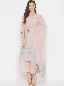Safaa Peach-Coloured & Grey Cotton Blend Woven Design Unstitched Dress Material For Summer