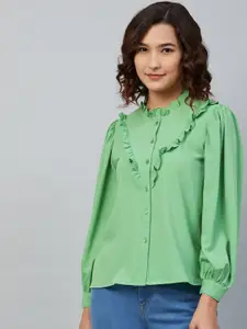 Carlton London Green Mandarin Collar Ruffles Crepe Shirt Style Top