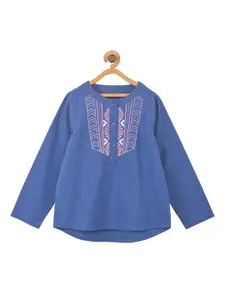 Miyo Girls Blue Embroidered Pure Cotton A-Line Top