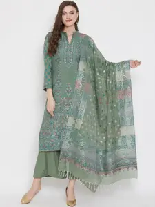 Safaa Sea Green & Silver-Toned Cotton Blend Woven Design Unstitched Dress Material For Summer