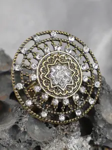 ANIKAS CREATION Gold-Plated White Stone-Studded Adjustable Finger Ring