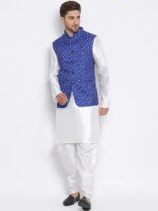 Hangup Men White & Blue Self Design Kurta with Pyjamas