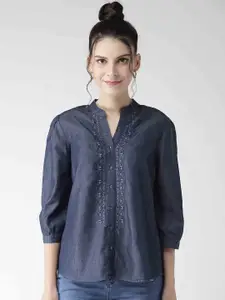 Xpose Women Navy Blue Regular Fit Solid Casual Shirt