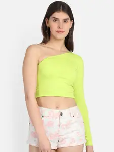 Marzeni Fluorescent Green One Shoulder Fitted Crop Top