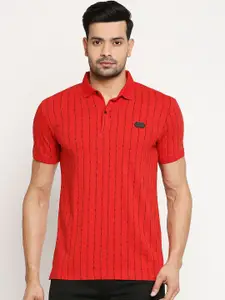 Mufti Men Red  Black Striped Polo Collar Cotton Pure Cotton T-shirt
