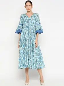 Monk & Mei Monk & Mei Women White & Blue Printed Sustainable Fit and Flare Dress