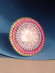 ANIKAS CREATION Gold-Plated Pink Beaded Enamelled Adjustable Finger Ring