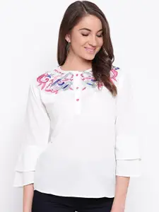 Mayra White & Pink Embroidered Regular Top
