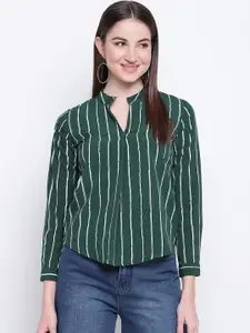 Mayra Green & White Striped Mandarin Collar Crepe Cuffed Sleeves Regular Top
