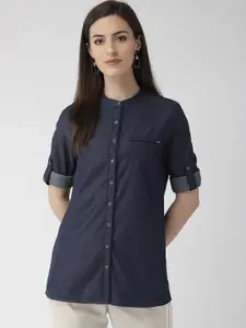 Xpose Women Navy Blue Regular Fit Solid Casual Shirt