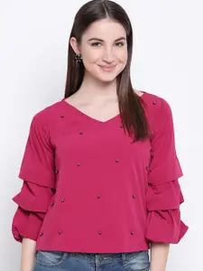 Mayra Pink Embellished Bell Sleeves Crepe Regular Top