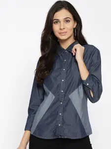 Xpose Women Navy Blue Tailored Fit Striped Casual Shirt