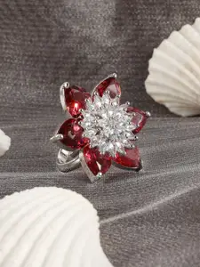 ANIKAS CREATION Silver-Plated Red & White AD-Studded Adjustable Finger Ring
