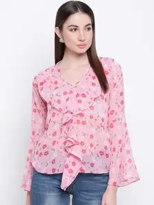 Mayra Pink Floral Printed Flared Sleeves Georgette Regular Top