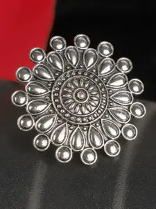 ANIKAS CREATION Oxidised Silver-Plated Floral Adjustable Tribal Finger Ring