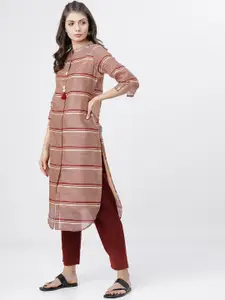 Vishudh Women Maroon & Beige Striped Band Collar Thread Work Kurta