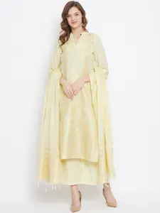 Safaa Women Yellow Cotton Blend Woven Design Unstitched Dress Material For Summer