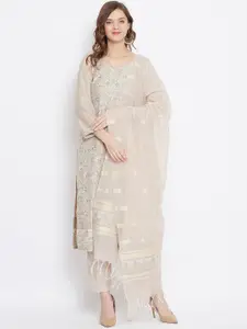 Safaa Beige & Grey Cotton Blend Woven Design Unstitched Dress Material For Summer