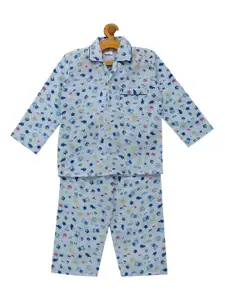 Fuzzy Bear Girls Blue Printed Sustainable Night Suit