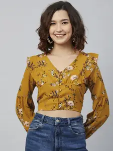 Marie Claire Mustard Yellow & White Floral Printed Crepe Shirt Style Crop Top