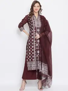 Safaa Brown & White Cotton Blend Woven Design Unstitched Dress Material For Summer