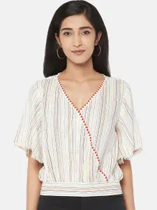 People Off White Striped Flutter Sleeves Wrap Top