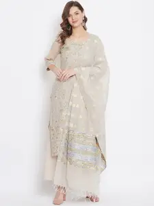 Safaa Beige & Yellow Cotton Blend Woven Design Unstitched Dress Material For Summer