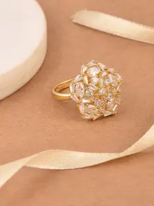 Tistabene Gold-Plated White Stone-Studded Floral Design Cocktail Finger Ring