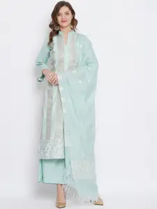 Safaa Sea Green & Silver-Toned Cotton Blend Woven Design Unstitched Dress Material For Summer