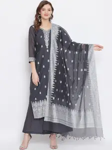 Safaa Grey & Silver-Toned Cotton Blend Woven Design Unstitched Dress Material For Summer
