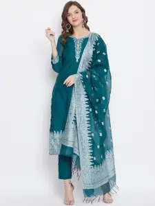 Safaa Teal Green & White Cotton Blend Woven Design Unstitched Dress Material For Summer