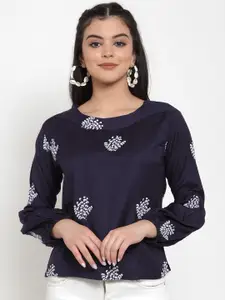 Miaz Lifestyle Navy Blue Floral Embroidered Regular Top