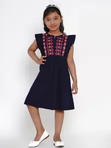 Bitiya by Bhama Girls Navy Blue Embroidered Fit and Flare Dress