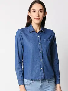 High Star Women Blue Regular Fit Solid Casual Shirt