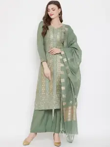 Safaa Olive Green & Gold-Toned Cotton Blend Woven Design Unstitched Dress Material For Summer