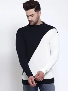 Style Quotient Men Navy Blue & White Colourblocked Cotton Sweatshirt
