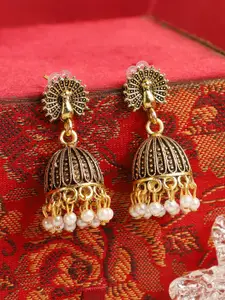 ANIKAS CREATION Gold-Plated & White Dome Shaped Jhumkas