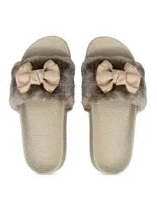 FREECO Women Grey & Cream-Coloured Embellished Sliders