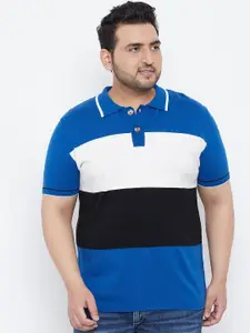 bigbanana Men Plus Size Blue & White Colourblocked Polo Collar T-shirt