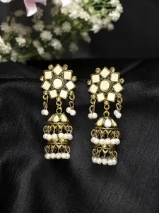 Moedbuille Mirror Studded Oxidised Gold Plated Handcrafted Layered Design Jhumkas